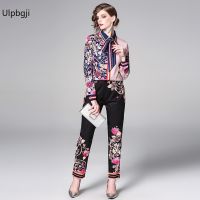 Ladies Pink Chain Print Temperament Two Piece Set Women Bowtie Collar Shirt Tip + Pocket Wide-Leg Pants Two-Piece Suit