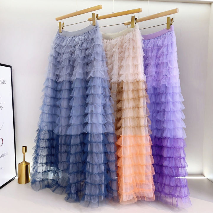 Three Color Layered Stitching Layered Mesh Skirts Princess High Waist Ruffled Vintage Tiered