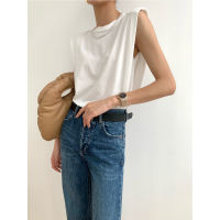 Sleeveless T-shirt Top White Bottomed Shirt Right Angle Shoulder Pad Flying Sleeve T-shirt Womens Loose Trendy Round Neck Vest