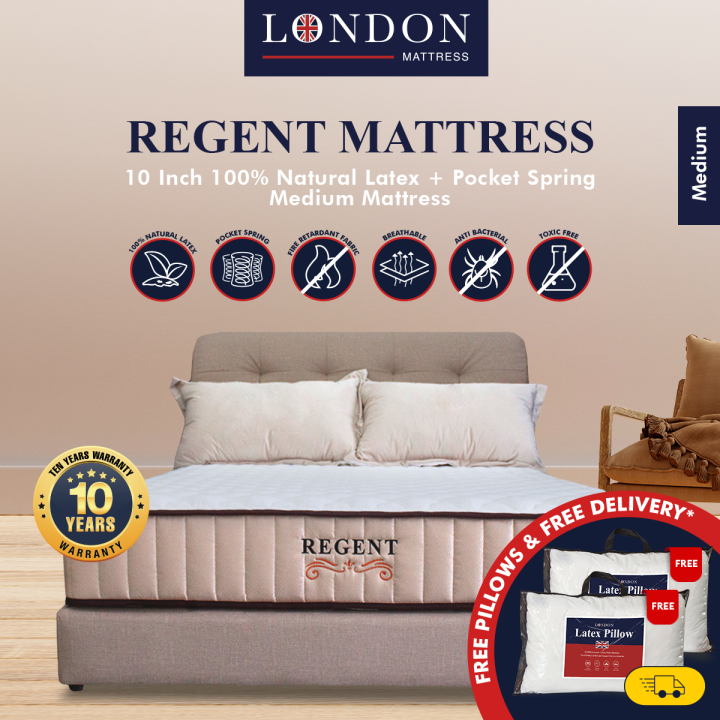 LONDON MATTRESS Regent Mattress 10 Inch 100 Natural Latex + Pocket Spring Medium Mattress