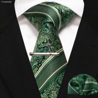 ▼ Green Black Plaid Stripe Neck Tie for Men Fashion Silk Wedding Tie Hanky Cufflink Set Gift Mens Tie Business Party Accessories