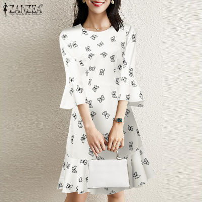 (สินค้ามาใหม่)(จัดส่งฟรี)ชุดซันเดรสคอกลมปลอกแขนแบบมีระบายชุดเดรสพิมพ์ลายผีเสื้อสไตล์เกาหลีของผู้หญิง Fancystyle ZANZEA #11