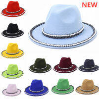 U nisex มุกโซ่สีทึบด้านเดียวขนสัตว์รู้สึกแจ๊ส Fedora หมวกใหม่สไตล์ฤดูใบไม้ผลิผู้ชายผู้หญิงปีกกว้างปานามา tril capy