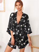 Printed Black Nightgown With Belt Loose Short Lingerie For Women V-neck Loungewear Ice Silk Womens Robe Plus Size Bathrobe