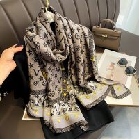 180 x 90cm New Style European Letter Full Print Yellow Gemstone Simulation Silky Brocade Outdoor Shawl Beach Scarf Silk Female