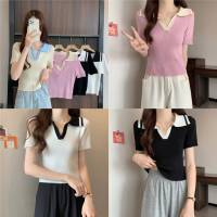 ? เสื้อไหมพรม ดีเทลผ้าร่องเล็ก คอปกแขนสั้น สินค้าพร้อมส่ง ( 80090 ) -C