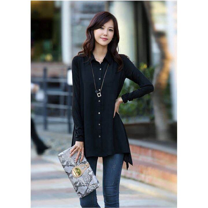 womens-blouses-korean-chiffon-black-shirt-long-sleeve-long-casual-pajamas-tops