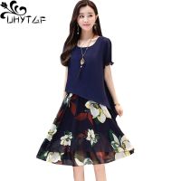 【YF】 UHYTGF Fashion Chiffon Summer Dress Noble Mom Loose 5XL Big Size Dresses Short-Sleeved O neck print thin elegant women dress150