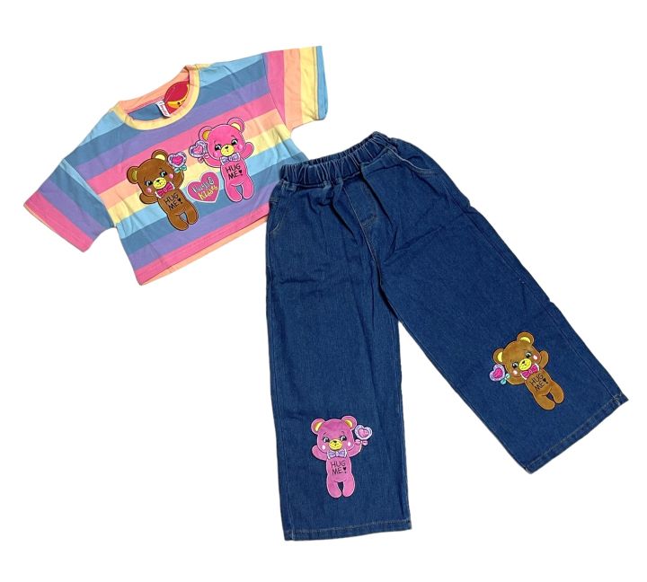 ชุดเสื้อเอวลอยเด็กหญิง-กางเกงยีนส์ขายาวเด็ก-ลายปักหมี-ชุดฮิปฮอปเด็กผู้หญิง-4-10-ปี