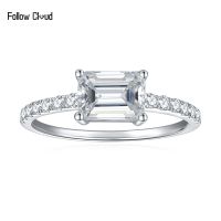 Follow Cloud Emerald Cut 2Ct Moissanite Diamond Ring For Women Sparkly Halo Engagement Wedding Band Platinum Plated 925 Silver