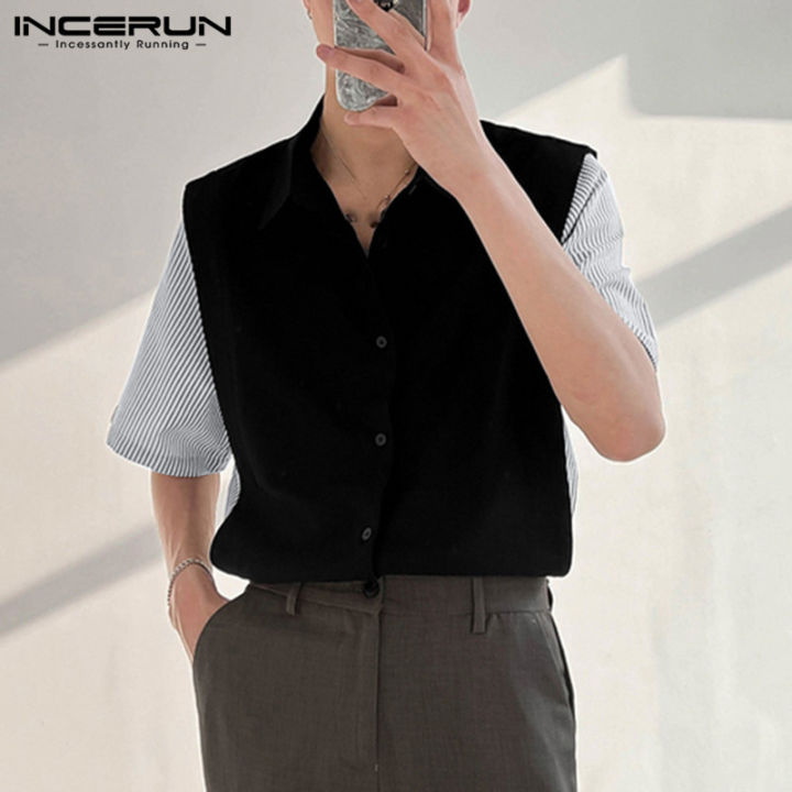 ผู้ชายแขนสั้น-incerun-เสื้อเชิ้ตผ้าต่อสีลายทางลำลองพอดีกับเสื้อสตรีทำงานอย่างเป็นทางการ-ลดล้างสต๊อก