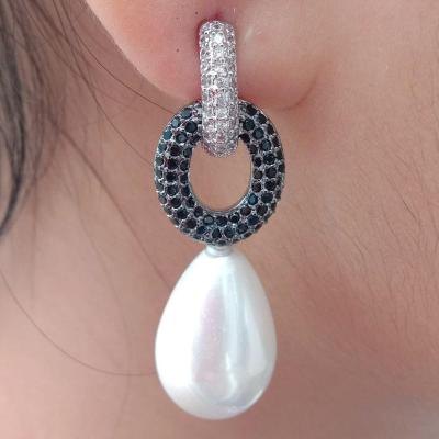 YYGEM Office style Cubic Zirconic Pave Teardrop White Sea Shell Pearl Stud Earrings For Women