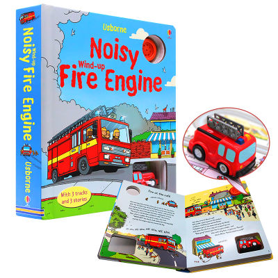Winding up small fire engine track Book English original picture book childrens game toy paperboard book with toy open, including 3 tracks and 3 story vehicles