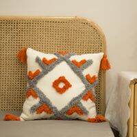 Orange Gray Tufted Pillow Case with Tassel Boho Woven Geometric Cushion Cover