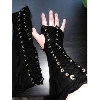 หนัง cer Fingerless ถุงมือยาว Lace Up Cuffs เกราะยุคกลาง Steampunk Gauntlet Archer เครื่องแต่งกายอุปกรณ์เสริมแขนสำหรับ Men Women