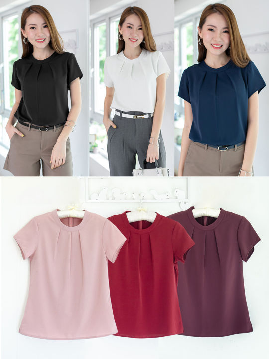 narinari-nt1356-round-neck-folded-front-blouse-เสื้อคอกลม-แต่งจีบ-classic-plain