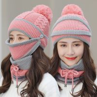 【Miki Xinyuan】ใหม่ YouthThick Plus แคชเมียร์ Warm หน้ากากหมวก ScarfWinter ผู้หญิง39; S หมวกถักผ้าขนสัตว์หู CollarSet