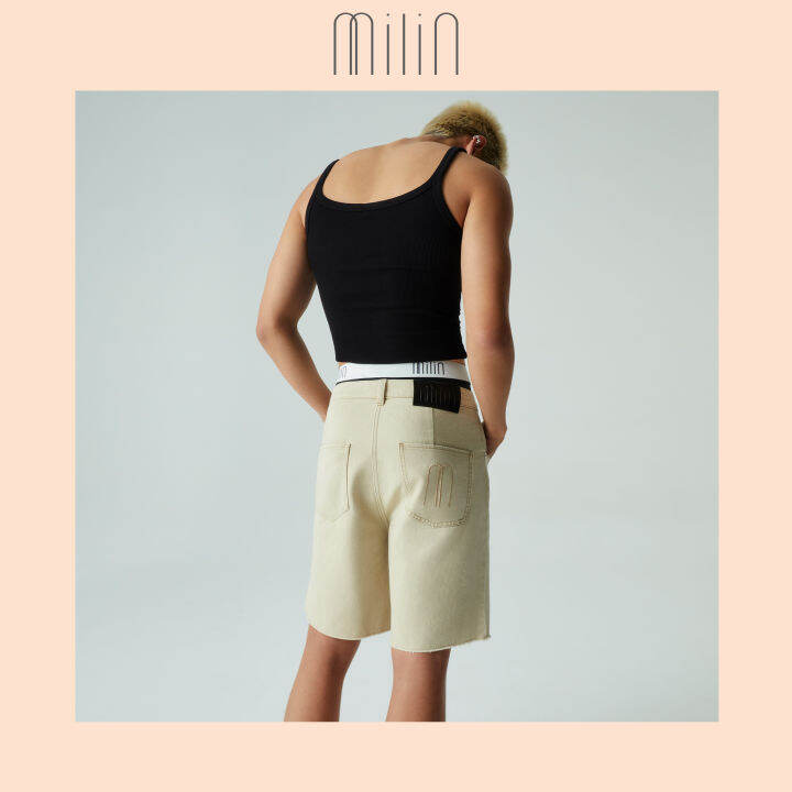 milin-high-rise-with-belt-hoops-denim-กางเกงยีนส์ขาสั้น-bermuda-slit-shorts-beige