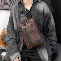 ✹﹍☒ Korean version of the new mens chest bag trend hit color mens Crazy Horse PU leather chest bag casual shoulder bag