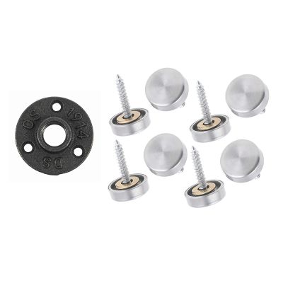 16 mm Stainless Steel Mirror Nails Screw Cap 8 Pcs with 1/2 Inch Black Cast Iron Pipe Fittings Floor Flange BSP Threaded