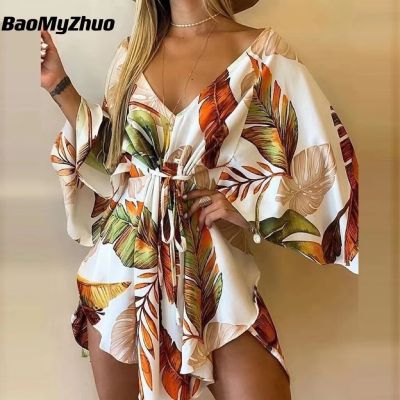 2023 New Summer Beach Elegant Women Dresses Sexy V Neck Lace-up Floral Print Mini Dress Casual Flared Sleeves Ladies Party Dress