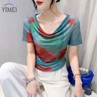 YIMEI เสื้อยืดแขนสั้นพิมพ์ลายคอวีทรงพอดีตัว,เสื้อตาข่ายฝรั่งเศสสำหรับผู้หญิงน้ำหนักเบาและระบายอากาศได้ดีสำหรับฤดูร้อน2023