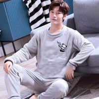 Mens Fashion Coral Fleece Pajamas Autumn and Winter Warm Panda Print Thicken Long Homewear Suit