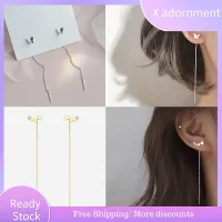 X ADORNMENT ผู้หญิง เครื่องประดับ ปีนดาว สายยาว จี้ลูกปัดหัวใจ ต่างหูห้อย โซ่ลวดพู่ Eardrop แขวนตรง