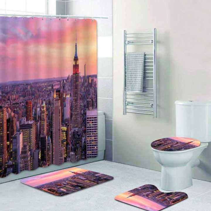 black-white-city-nights-lights-bathroom-shower-curtains-set-waterproof-shower-curtains-toilet-cover-mat-non-slip-bath-rug