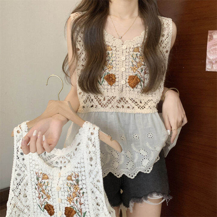 สินค้ามาใหม่-เสื้อกล้าม-แขนกุด-ผ้าถัก-ลายดอกไม้-สไตล์คลาสสิค-สําหรับผู้หญิง-แต่งชายเสื้อเก๋ๆ-ใส่แล้วปั๊วะปัง-พร้อมส่ง