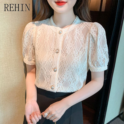 REHIN เสื้อเสื้อผู้หญิงแขนสั้นแฟชั่นสไตล์เกาหลีแบบใหม่สำหรับผู้หญิง,เสื้อลูกไม้กลวงลดอายุ