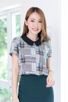 Narinari : MT1301 Point Collar Checked Blouse เสื้อทำงาน