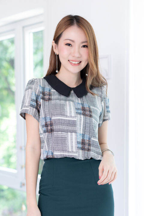 narinari-mt1301-point-collar-checked-blouse-เสื้อทำงาน