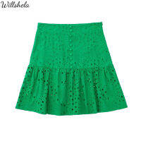 Willshela ผู้หญิงแฟชั่นผ้าฝ้ายสีเขียวเย็บปักถักร้อย Ruffled Mini A-Line กระโปรงสูงเอว Chic หญิงสบายๆ Vintage กระโปรงสั้นหวาน