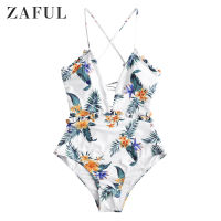 Zaful Lace-Up Flower Frilled Swimsuit High Waisted Swimsuit Swimsuit Lace Up Criss Cross Tropical Bodysuit Beachwear