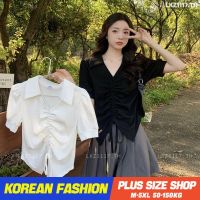 Plus size เสื้อผ้าสาวอวบ❤ เสื้อยืดสาวอวบอ้วน ไซส์ใหญ่ ผู้หญิง เสื้อยืดโปโล ทรงหลวม แขนสั้น คอปก เชือกรูด สีดำ ฤดูร้อน สไตล์เกาหลีแฟชั่น V728