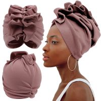 【YF】 African Lady Head Wrap Women Fashion New Ruffled Soild Color Turban Cap Headscarf Cancer Chemo Hat Muslim Headband Autumn Winter