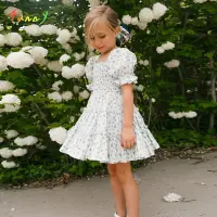 Summer  Flower Girl Dresses Kids Clothes Ruffles Puff Sleeve Print Square Neck Mini Party Dress for Girls Princess Costume