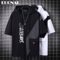 CODDian Zhen Fashion Printing Text Fake two Pieces Short sleeve Hoodies Men Loose Summer T-shirt