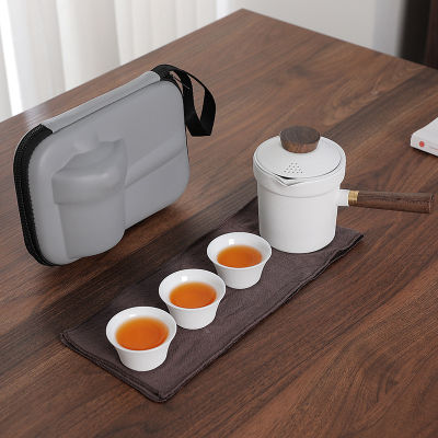 แบบพกพาเดินทางที่สวยหรูจีน G Ongfu ชุดน้ำชากังฟูกาน้ำชาเซรามิก Wด้ามไม้ด้านข้างจับหม้อถ้วย Teaware Dropshipping