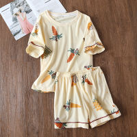 Womens 100 cotton short-sleeved shorts in summer pajamas cartoon summer sports and leisure two-piece suits can be worn out