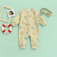 【Forever CY Baby】Infant Baby 2Pcs Fall Outfits, Long Sleeve Smile Face Print Button Down Romper + Headband Set