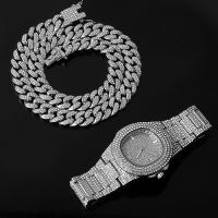 Necklace +Watch+Bracelet Hip Hop Miami Curb Cuban Chain Silver Color Full Iced Out Paved Rhinestones CZ Bling For Men Jewelry