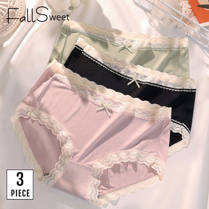FallSweet 3pcs/set Ice Silk Sweet Panties for Woman Lace Line Middle Waist  Seamless Underwear Summer Thin Easy Dry Brief