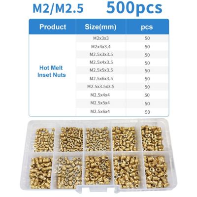 90-500Pcs M2 M2.5 M3 M4 M5 M6ทองเหลือง Hot Melt Inset ชุด Assortment ถั่วด้ายทองแดง Knurled เกลียว Embedding ถั่วชุด