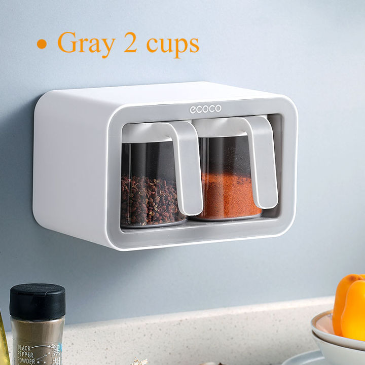 ECOCO Wall Mount Spice Rack Organizer Sugar Bowl Salt Shaker Seasoning Container Spice Boxes With Spoons Kitchen Supplies Set