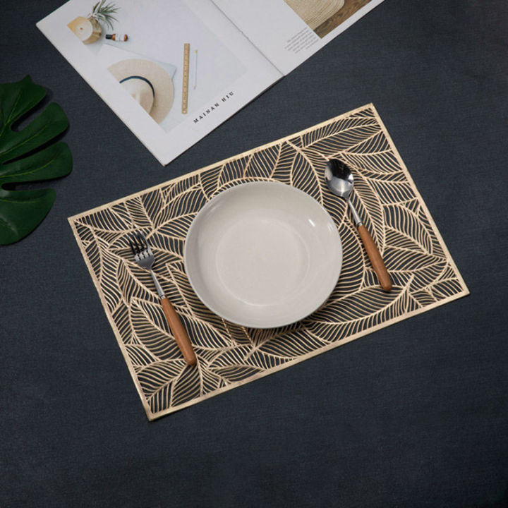 golden-placemats-restaurant-hollow-pvc-meal-mat-anti-hot-home-dining-table-decor-mats-steak-plate-pad-round-rectangle-tablemat