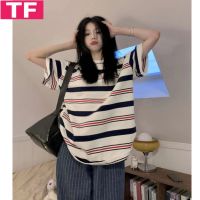 Pure Cotton Bag Collar Striped Short-Sleeved T-shirt for Women 2023 Summer New Bf Idle Style Loose Versatile Casual Top Fashion