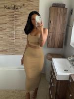 【YF】 Nadafair Bandage Off Shoulder Women Midi Bodycon Dress Sexy Club Black Khaki White Party Summer Female Two Piece Set