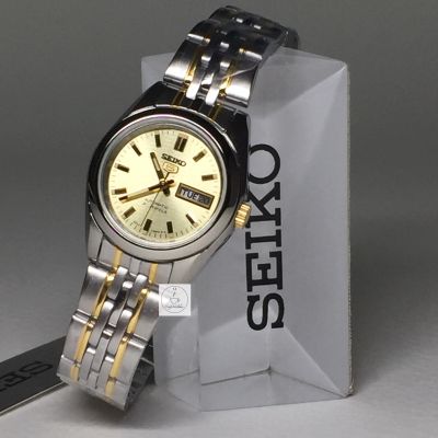 นาฬิกาไซโก้ผู้หญิง Seiko 5 รุ่น SYMA37K1 Automatic Women Watch ตัวเรือนและสายสแตนเลสชุบทอง สาย 2 กษัตรย์ หน้าปัดสีทอง รับประกันของแท้ 100 %